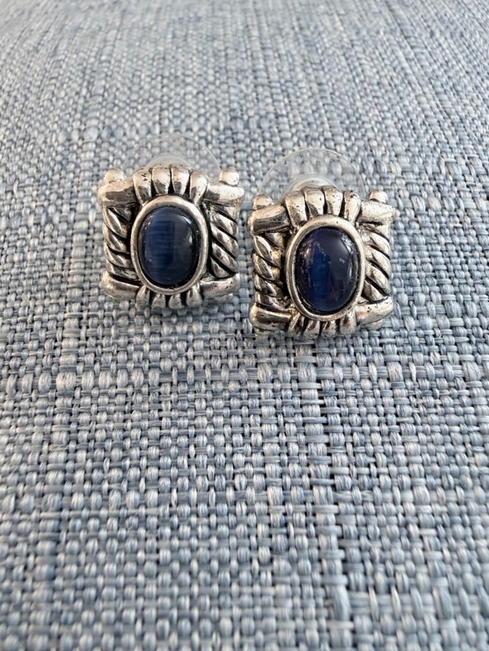 Vintage Silver Tone Blue Stone Stud Earrings